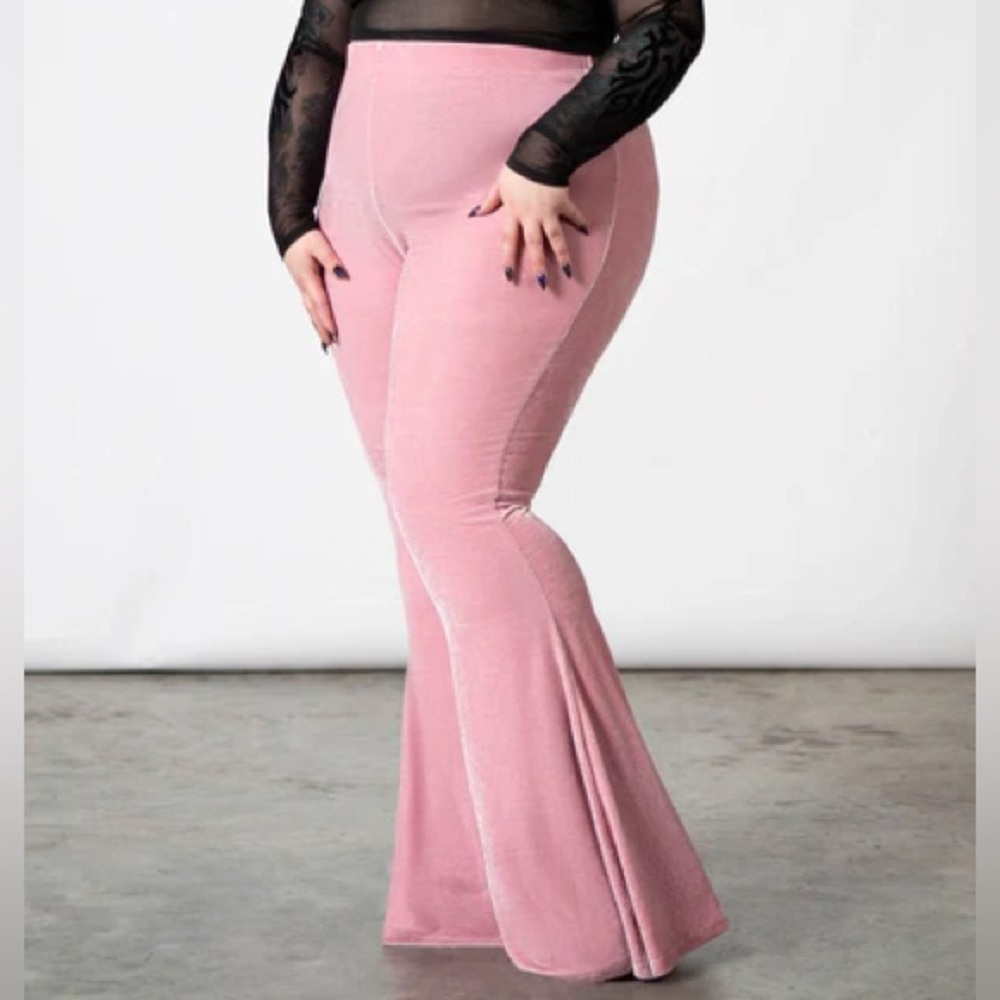 Killstar Pastel Pink Moondance Bell Bottoms Velvet Flare Pants XL - Picture 8 of 12